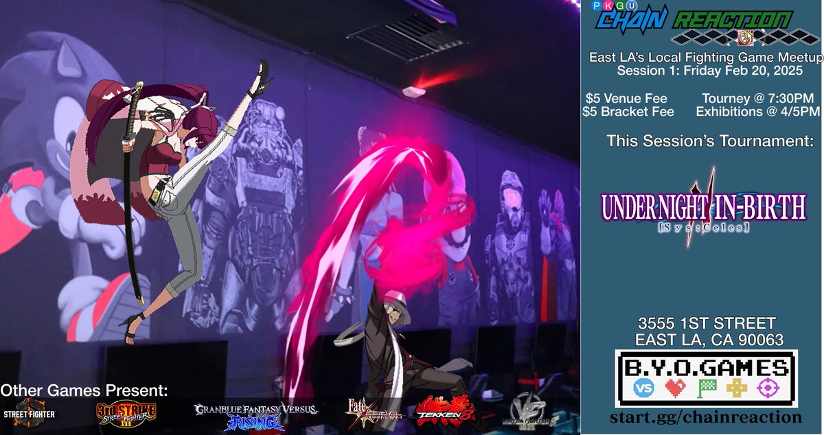 nonimegtv's tweet photo. Chain Reaction is back! LA’s premier fighting game arcade night returns to @BYOGAMES_ELA this Friday!

We’ll be playing a variety of fighters, but we have a UNI2 bracket happening at 7:30! If you dare, enter! https://t.co/5TTR7OEz9G