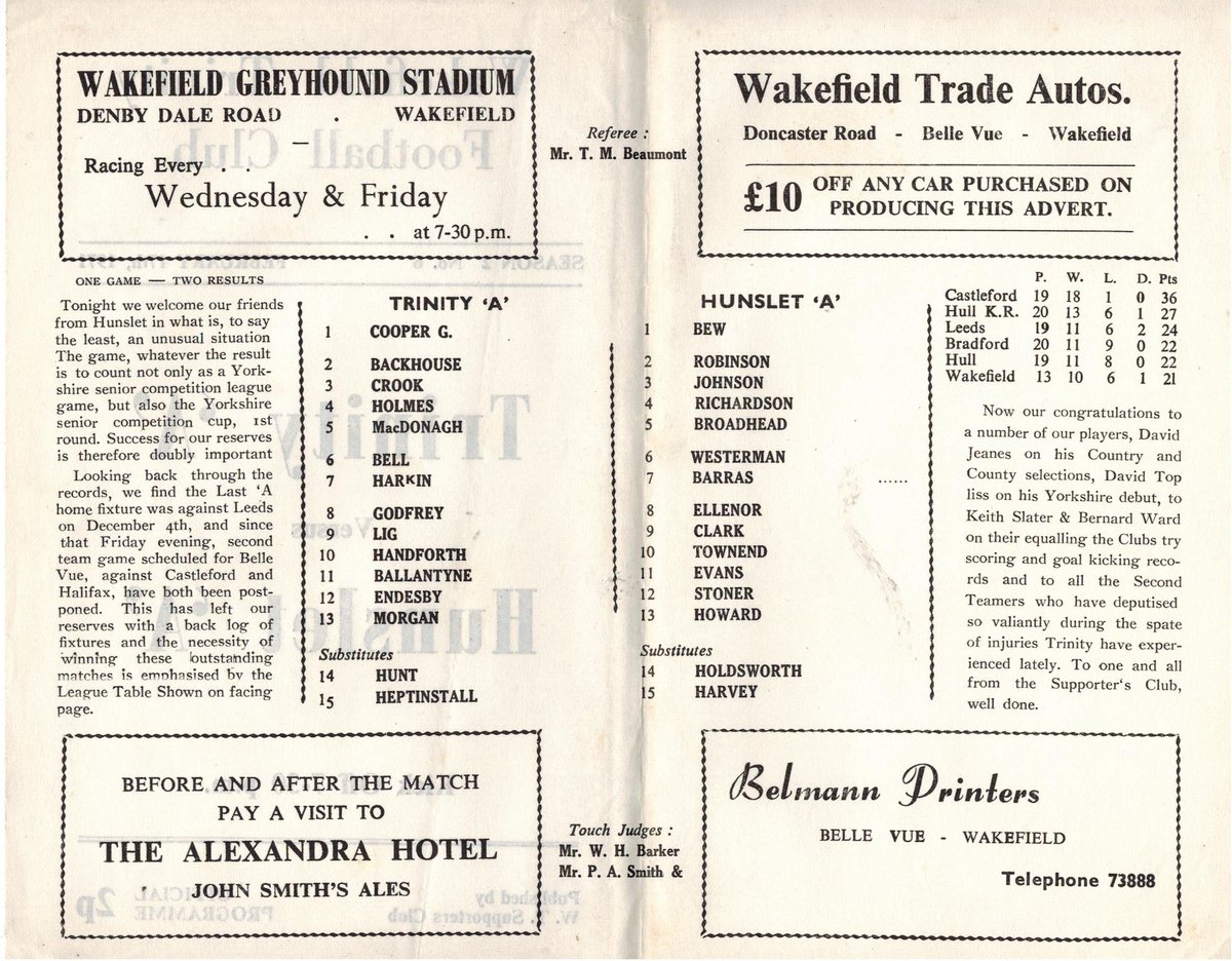Today in 1971: Wakefield Trinity A faced Hunslet A at Belle Vue. #RugbyLeague
