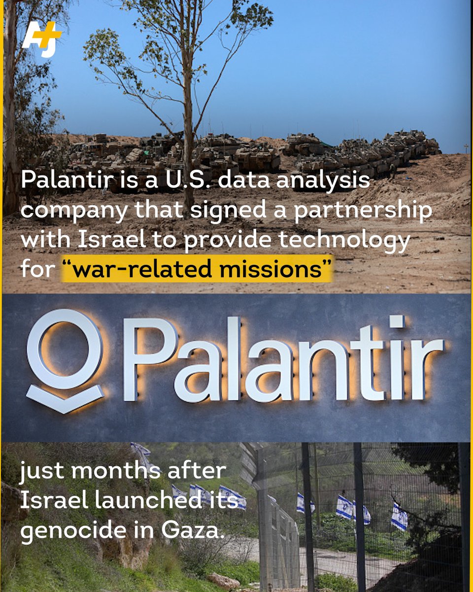 ajplus's tweet image. One of the most prominent tech companies in the U.S. made targeting Palestinians easier for Israel.

After signing a partnership deal with Israel’s Ministry of Defense in January 2024 to provide technology for “war‑related missions,” Palantir has doubled the size of its Tel Aviv