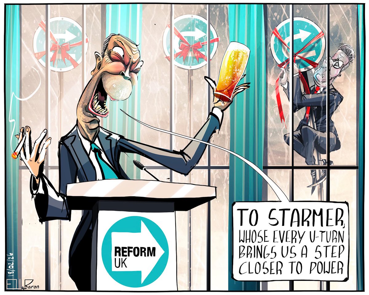Cartoon4sale's tweet image. Ella Baron @EBaronCartoons on #NigelFarage toasting Keir Starmer’s latest u-turn @Guardian – political cartoon gallery in London original-political-cartoon.com