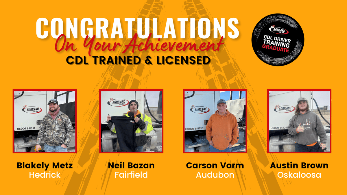 Congratulations to Austin B., Blakely M., Carson V., and Neil B., for completing our start-to-finish driver training course with our certified CDL trainer, successfully passed the Iowa DOT Skills test, and obtained their Class A CDL with all required endorsements!