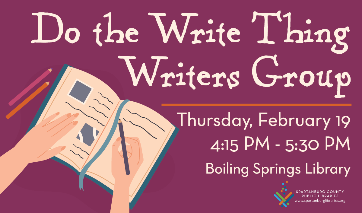 sptbglibraries's tweet photo. 📚✍️ Writers! Join us at Boiling Springs Library on Feb 19 @ 4:15 PM for fast writing prompts, craft chats, and supportive story sharing. Bring a pen, paper, and big creativity. Let’s make some magic! ✨🔥

#WritingCommunity #AmWriting #SCPL #LibraryEvents https://t.co/EDVguFxk2u