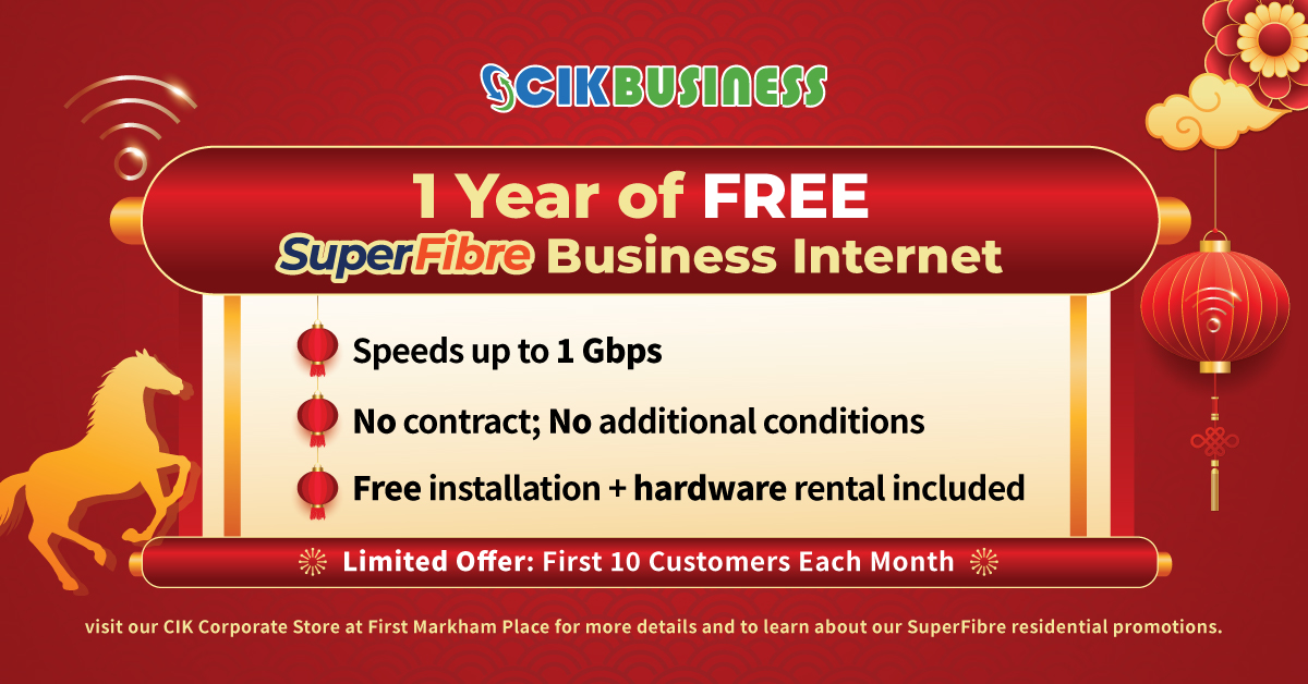 CIK_Telecom's tweet photo. 🎉Celebrating 2 years of #SuperFibre at #FirstMarkhamPlace &amp; the Year of the Horse! CIK's business division CIK Business is excited to launch an exclusive offer for FMP stores:
🚀1 Year of FREE SuperFibre Business Internet
📍Visit CIK Corporate Store @PlaceMarkham to learn more. https://t.co/mRGQP1rjmo