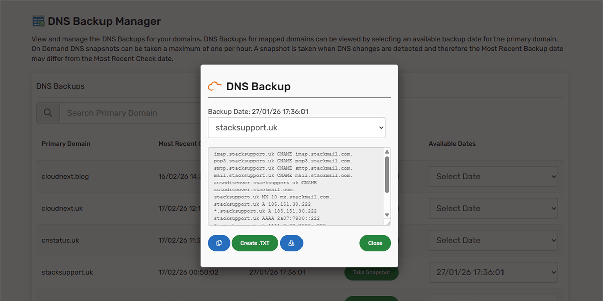 cloudnext's tweet photo. Our new DNS Backup Manager allows you to view, copy and download a DNS zone file for your Cloud Next managed domains. Backups are taken daily and kept for 30 days, with On Demand snapshot backups available on request. Manage from DNS Backup Manager in your Account Control Panel. https://t.co/U3kuD8heiu