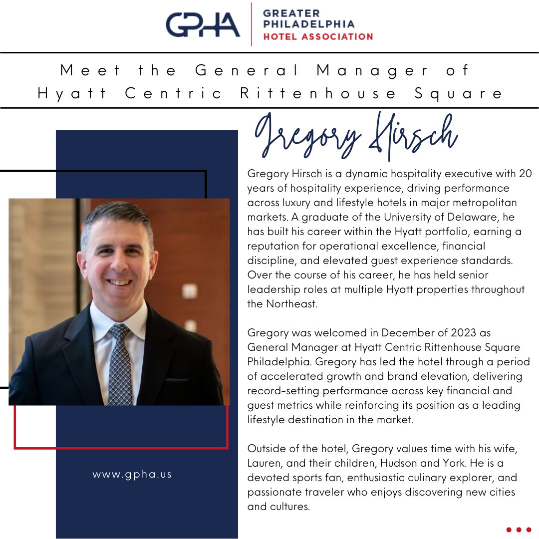 GPHA SPOTLIGHT: Meet Gregory Hirsch, General Manager of the recently rebranded Hyatt Centric Rittenhouse Square Philadelphia.
.
.
#gpha #hotel #hospitality #philadelphia #philly #pennsylvania #networking #networkingevent #business #socialnetworking #events #success #leadership