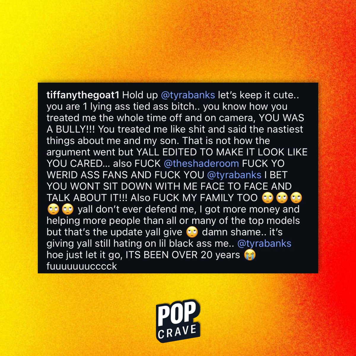 PopCrave's tweet photo. Tiffany Richardson reveals Tyra Banks said much more than what aired during the tense ‘ANTM’ moment, a claim Jay Manuel also made in the Netflix documentary: 

“You treated me like sh*t and said the nastiest things about me and my son. That is not how the argument went but YALL EDITED TO MAKE IT LOOK LIKE YOU CARED.”