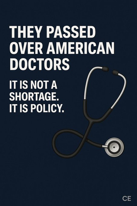 ChiefEngineerCE's tweet photo. Another uncomfortable truth for U.S. physicians.

American doctors aren’t “losing” because they lack skill. They’re losing because they start $250k–$500k+ in debt.

U.S.-trained physicians graduate owing that, then grind 3–7 years in residency on limited pay while interest piles up. Debt dictates every move: location, salary, risk-taking.

Foreign-trained often graduate with little/no debt from subsidized systems abroad. Many enter paid practice sooner via alternative state paths (18+ states) that skip full U.S. residency.

One repays massive debt from day one. The other earns and builds equity years earlier.

This isn’t merit.

When equally qualified doctors compete, but one services huge debt while the other starts building sooner, outcomes diverge predictably.

We call it a “shortage.” It’s policy-created asymmetry: restrict residency slots for Americans, then fast-track foreign doctors to fill the gaps.

Citations: Education Data Initiative (2025); FSMB (2026).