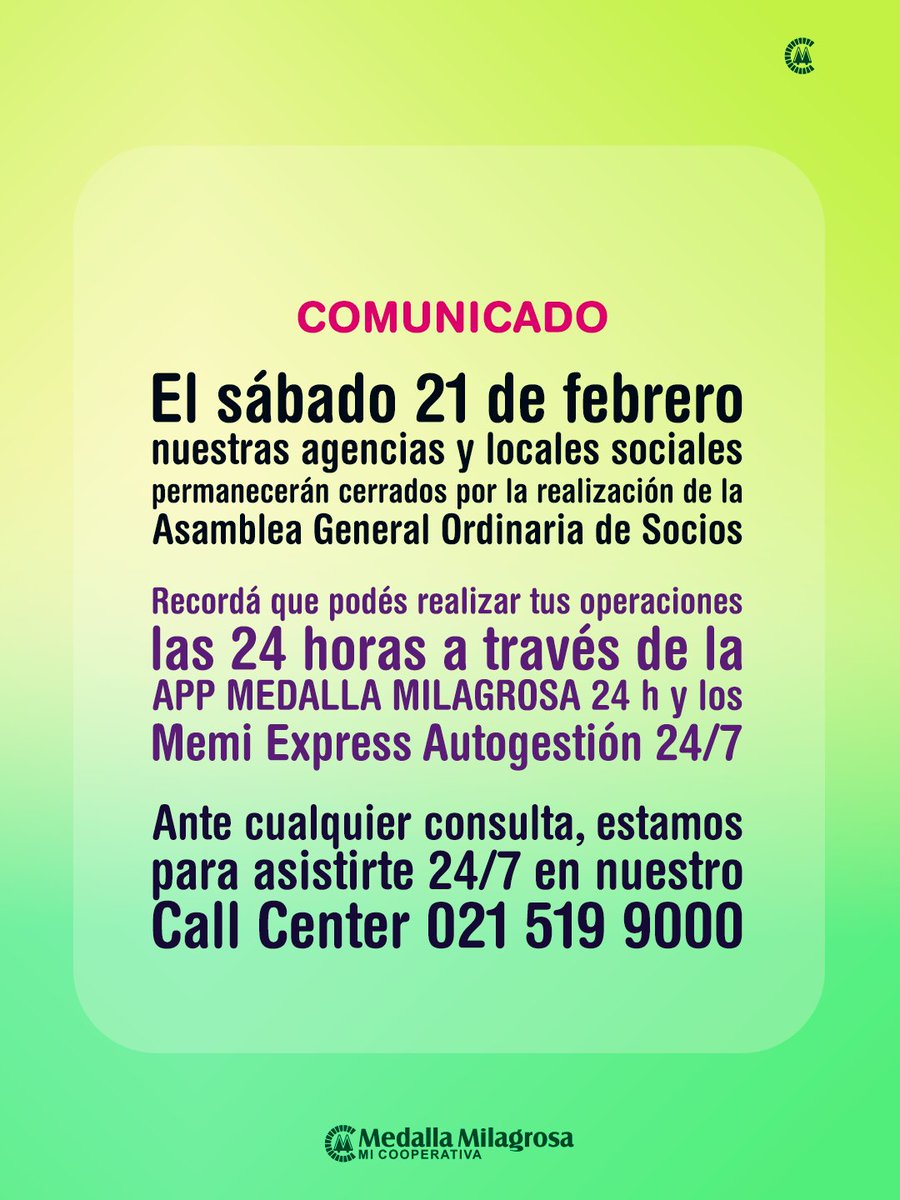 La Asamblea nos convoca a cumplir nuestro compromiso.
Ese mismo compromiso nos mantiene siempre disponibles.

Conectados con vos,
las 24 horas, los siete días de la semana. 💚
