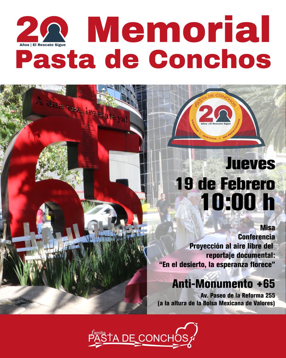 XX años de dignidad y exigencia. ⚒️ Este 19 de febrero alzamos la voz con la Organización Familia @PastadeConchos.

📽️ Estreno: "En el desierto, la esperanza florece".
📍 Antimonumento +65, (Reforma, CDMX)
🕙 10 hrs
#PastaDeConchos #JusticiaYRescate