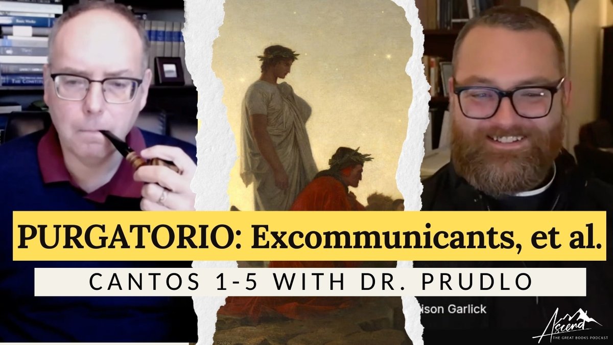 TheGreatB00ks's tweet photo. HERE WE GO!🔥

We are reading Dante's Purgatorio for Lent! Join us!

Today on Ascend: The Great Books Podcast, Dcn. Harrison Garlick and Dr. Donald Prudlo, the Warren Chair of Catholic Studies at the University of Tulsa, discuss the Ante-Purgatory, the foot of Mount Purgatory (Cantos 1-5).

The conversation with Dr. Prudlo and Deacon Garlick on Cantos 1–5 of Purgatorio opens with the dramatic shift from the despair of Inferno to the hope and refreshment of Purgatory.  In Canto 1, Dante and Virgil emerge from Hell onto the shores of Mount Purgatory at Easter dawn, where Dante humbly invokes Calliope, the Muse of epic poetry, signaling his project as “the Christian epic” (Dr. Donald Prudlo).

They meet Cato the Younger, a pagan suicide saved by special grace, who embodies the four cardinal virtues and serves as Purgatory’s guardian. Prudlo emphasizes the shock: “Cato the pagan, the suicide is going to heaven. And we have got to confront that or we're going to miss so much of what Dante has to tell us here” (Dr. Donald Prudlo). The ritual of washing with dew and girding with the humble reed contrasts the broken plants of the suicides in Hell and symbolizes the beginning of true humility and ascent....

https://t.co/QBOydkoOw8