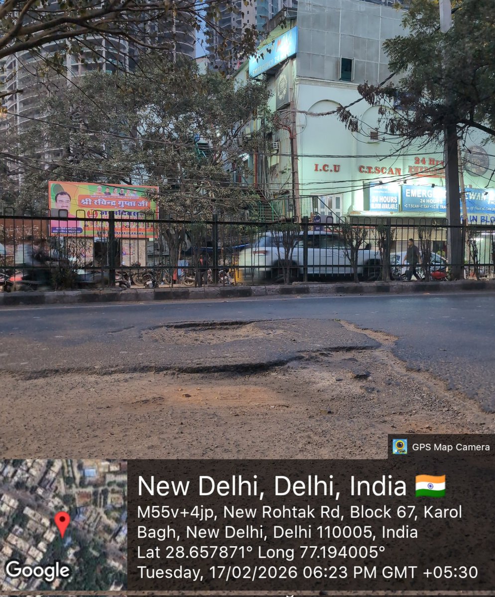 dilliwallaa's tweet photo. @DelhiPwd @iamVisheshravi @CMODelhi 
PWD complaint ID - PWD202602170169

Very serious damage on new rohtak road Karol Bagh https://t.co/cRBkllpWjR