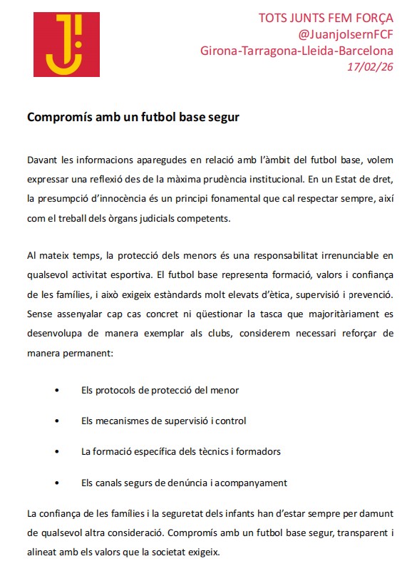 🔴 El futbol base ha de ser un entorn segur i exemplar.

Respectant la presumpció d’innocència i el procés judicial, reiterem que qualsevol conducta que vulneri la protecció dels menors és incompatible amb els valors de l'esport.

Prevenció, control i tolerància zero.

#futbolcat