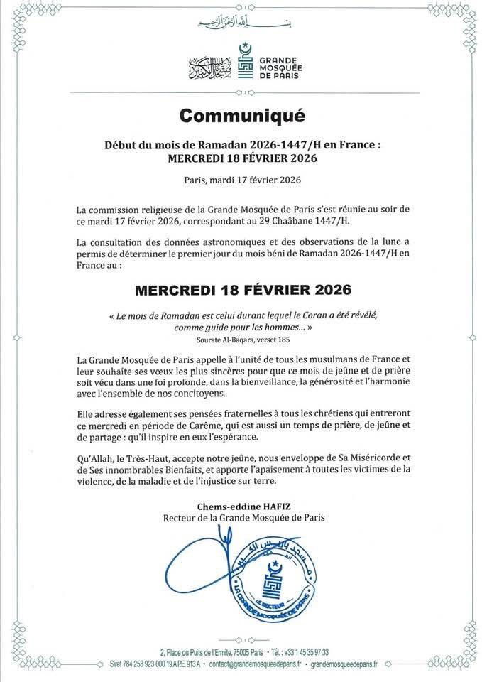 🛑 #France 🇫🇷La Grande Mosquée de Paris annonce le début du mois béni de #Ramadan 2026-1447/H en France au MERCREDI 18 FÉVRIER 2026