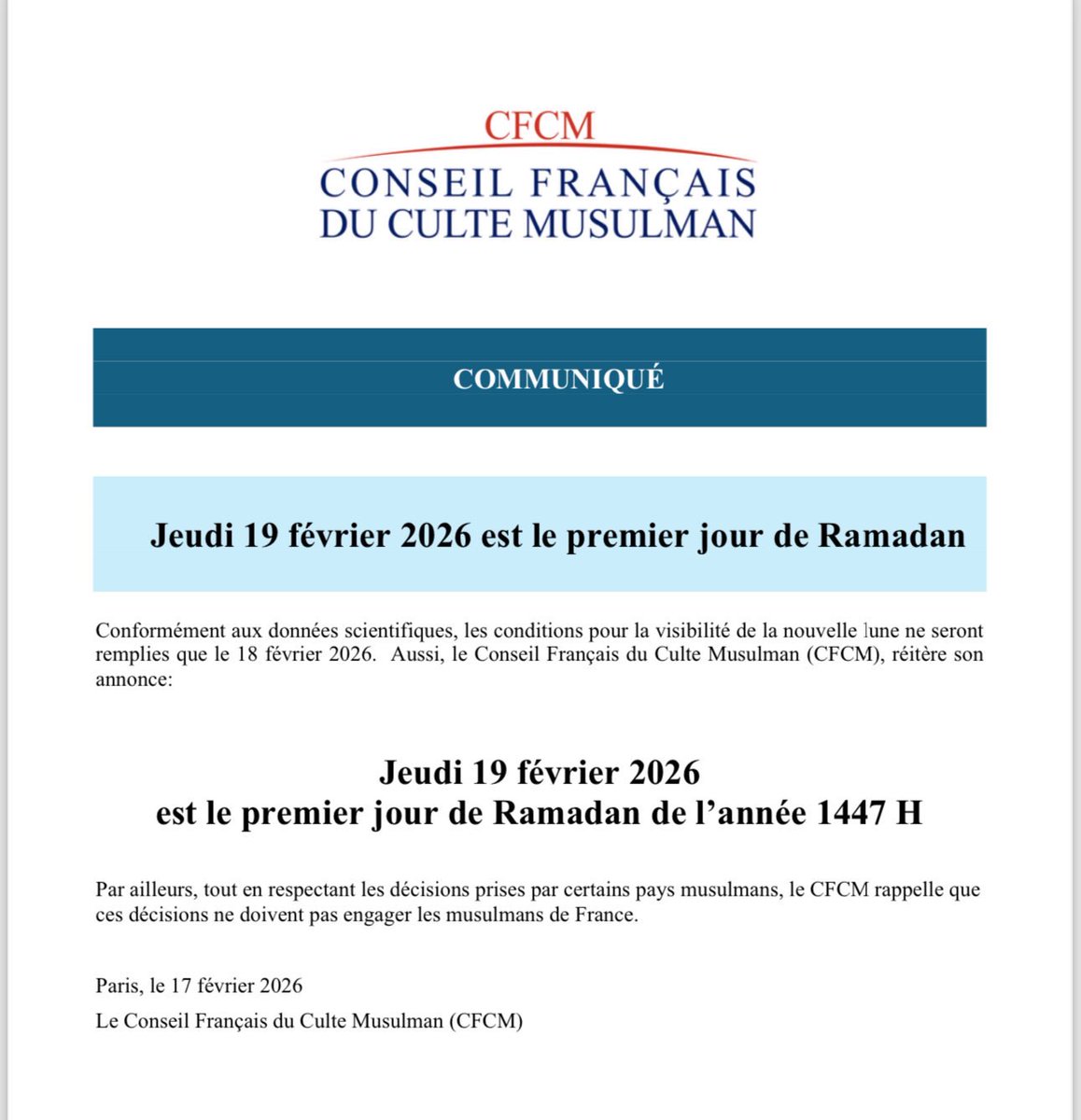 Suetehsah's tweet photo. #ramadan 
Franchement c’est une honte.
Le CFCM annonce le Ramadan jeudi, la Grande Mosquée de Paris annonce demain…
On est incapables de s’accorder en France alors que d’autres pays commencent ensemble.
Notre communauté mérite mieux que ces divisions. 😢😢😢 https://t.co/VYh4JjPBoz