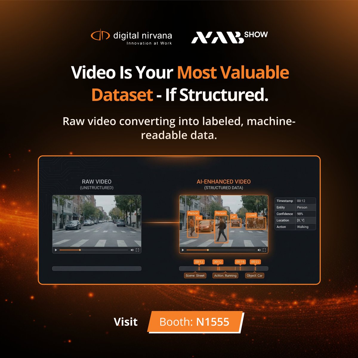 Digital_Nirvana's tweet photo. AI doesn’t train on raw footage - it trains on structure.

MetadataIQ converts video into time-aligned datasets ready for analytics, modeling, and automation.

Prepare your content for what’s next.

#MetadataIQ #DigitalNirvana #AITraining #VideoData #MachineLearning  #NAB2026 https://t.co/0jKO9pRW2S