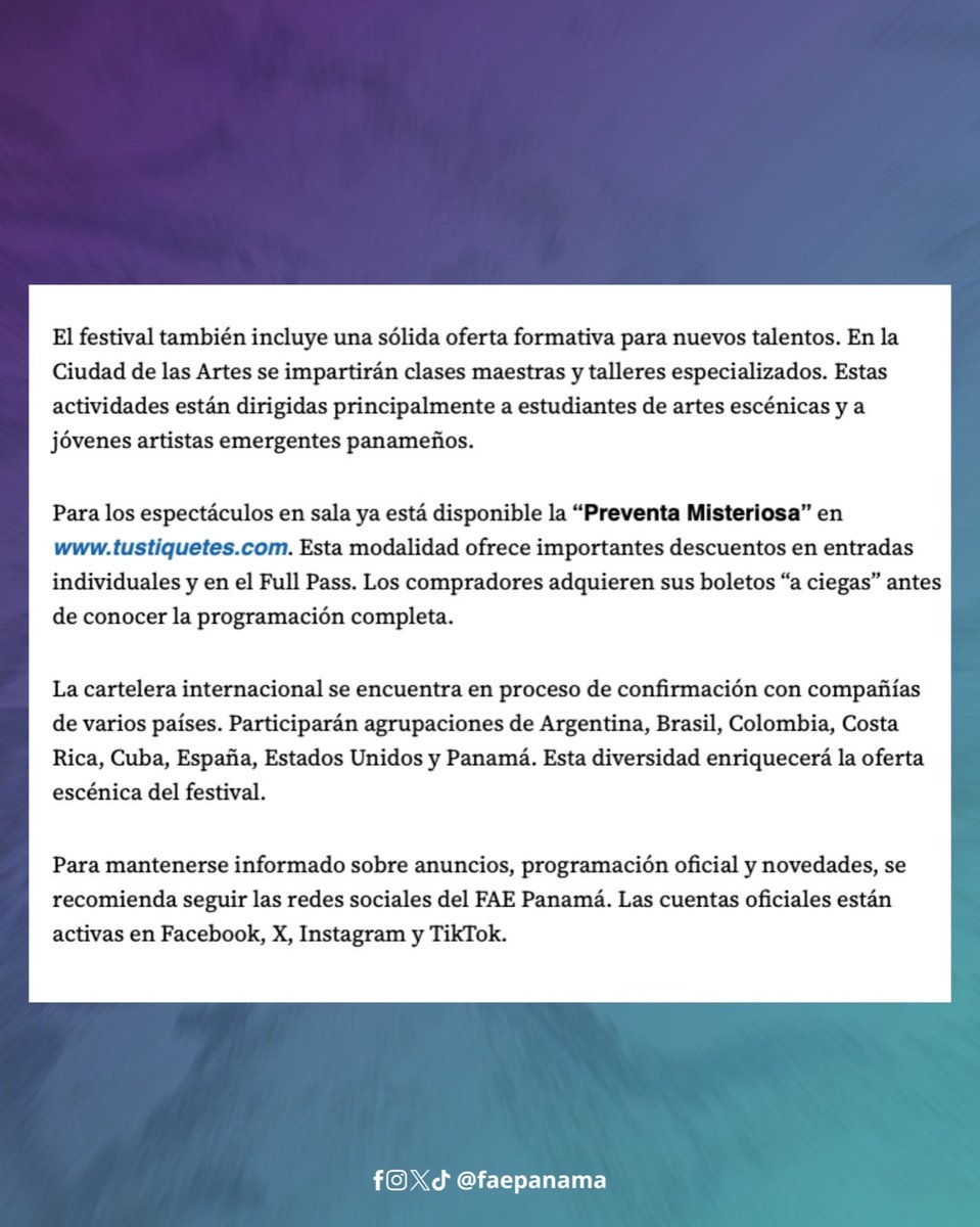 El diario <a href="/PanamaAmerica/">PanamáAmérica</a> destaca el FAE Panamá 2026, que del 16 al 20 de abril tomará 6 escenarios como la Ciudad de las Artes y el Teatro Nacional. La nota resalta las funciones gratuitas y la Preventa Misteriosa ya disponible en tustiquetes.com ¡Vamos al teatro!