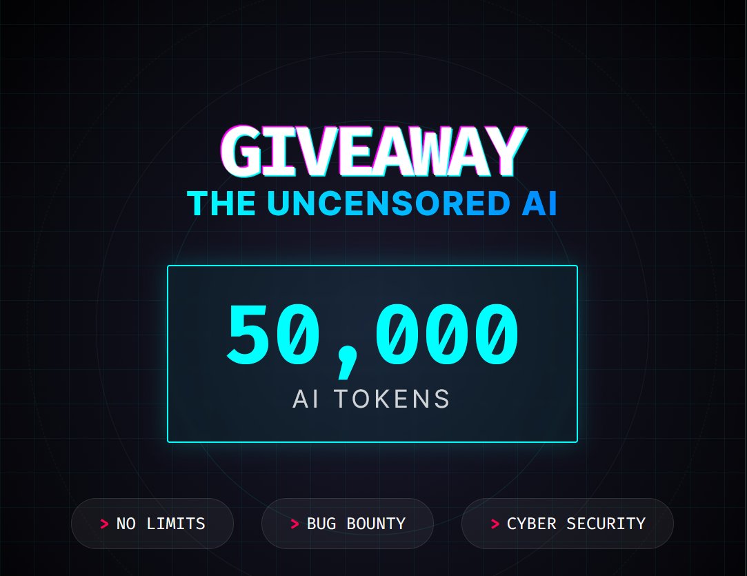 lu3ky13's tweet photo. 🚨 GIVEAWAY: 50,000 AI TOKENS 🚨

ObsidianLabs: The Uncensored AI for Cyber Security &amp; Bug Bounty. 🔓🕷️

We're giving 50k tokens to 10 lucky winners! 🪙

To Enter: 
1️⃣ Like &amp; RT ❤️
🔄 2️⃣ Reply "Unleash the AI" 👇

🔗 https://t.co/2CViZmjnv4

#ObsidianLabs https://t.co/3YNCuTZDl5