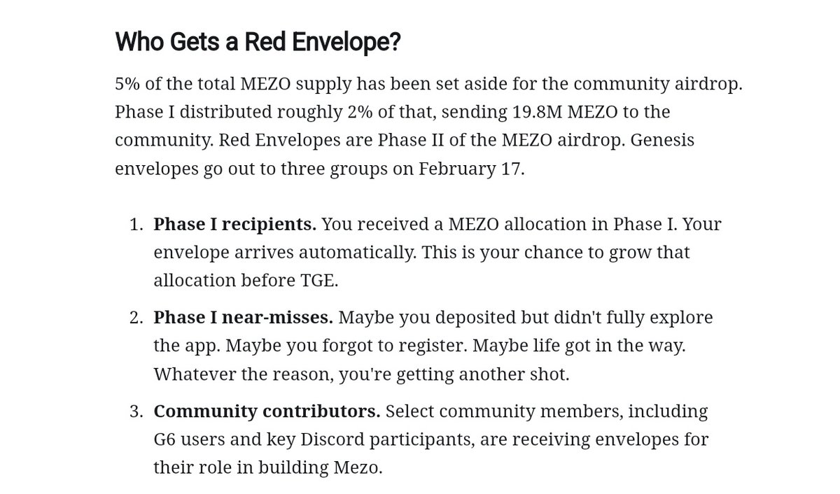 Phase 2 airdrop for <a href="/MezoNetwork/">Mezo</a> on 🧧 
This will count almost 3% of supply 

Who's eligible?

1. User's who were eligible on phase 1, can continue using mezo to levelup to get more tokens.

2. If u didn't used the chain/ Missed registration... It's the perfect time to use