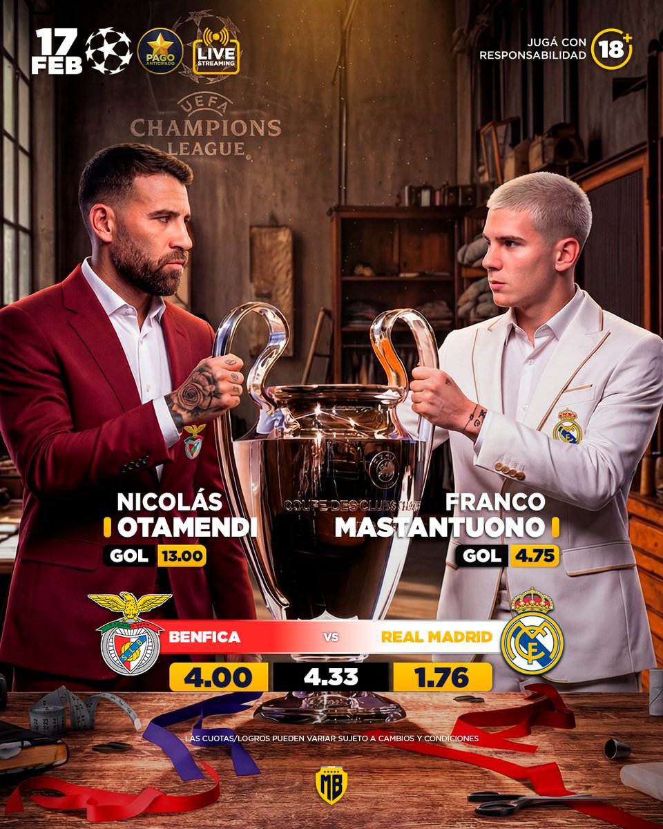 🏆 #ChampionsLeague
⚽ Benfica 🆚 Real Madrid
⏰ 17:00
🏟️ Estádio da Luz
🔥 Nicolás Otamendi — CUOTA GOL 13.00
🔥 Franco Mastantuono — CUOTA GOL 4.75
⭐ Pago anticipado activado 🟢
📺 Miralo en vivo en:
 mb365.pro/PIBES +18.