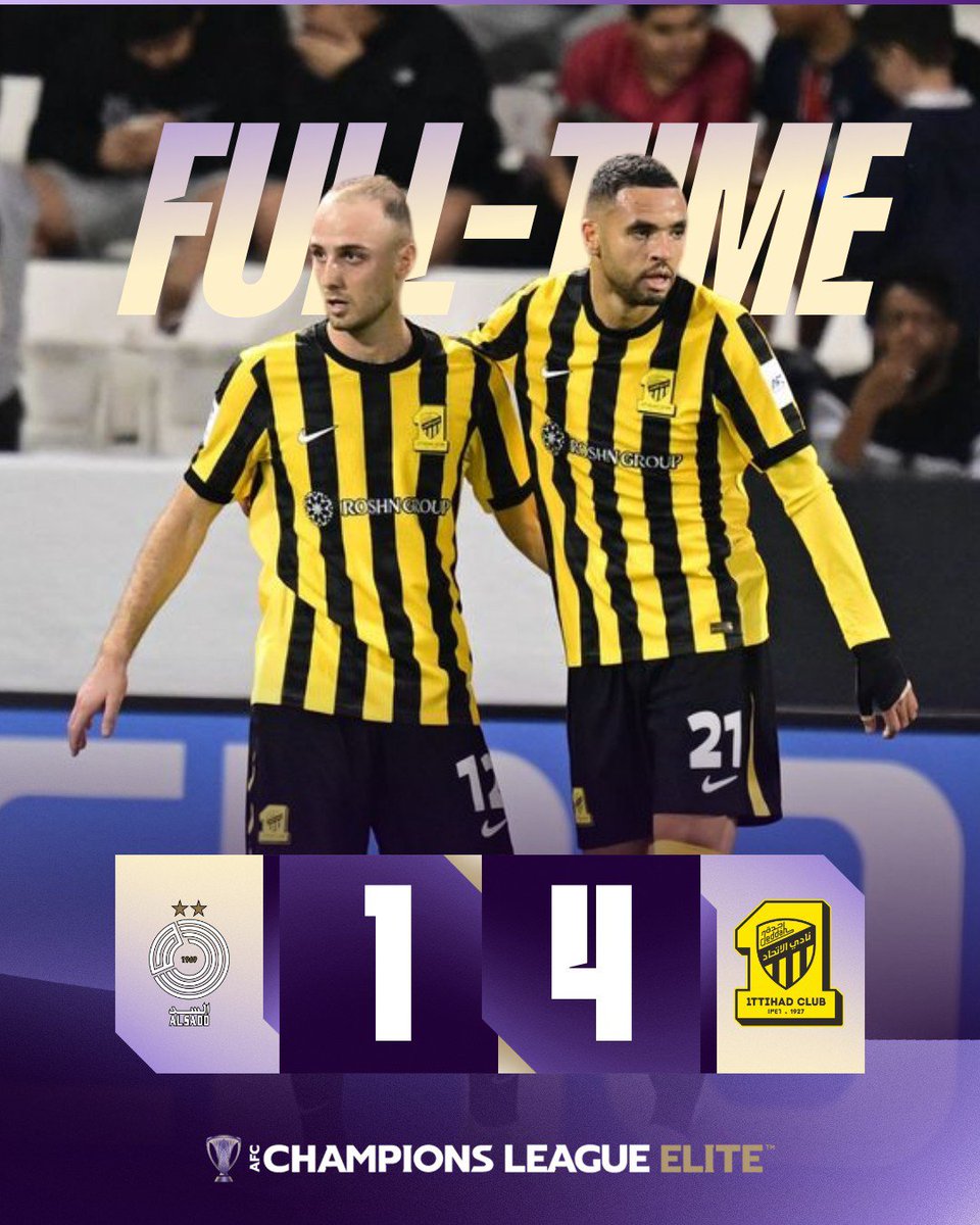 TheAFCCL's tweet photo. 𝗙𝗧 | 🇶🇦 Al Sadd 1️⃣-4️⃣ Al Ittihad 🇸🇦

A dominant display on the road sees Al Ittihad close out the League Stage in style with a convincing win in Doha ⚔️🔥

#ACLElite | #SADvITH https://t.co/N46ygKK9Tc