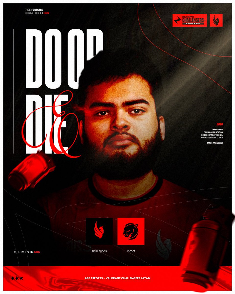 Do or die.
⚔️@/Tezcat
🕓 4:00 pm 🇨🇷🇲🇽
📺YouTube/ LigaAceEsports

#GOAB3 <a href="/VCL_LATAM/">VALORANT Challengers LATAM</a>