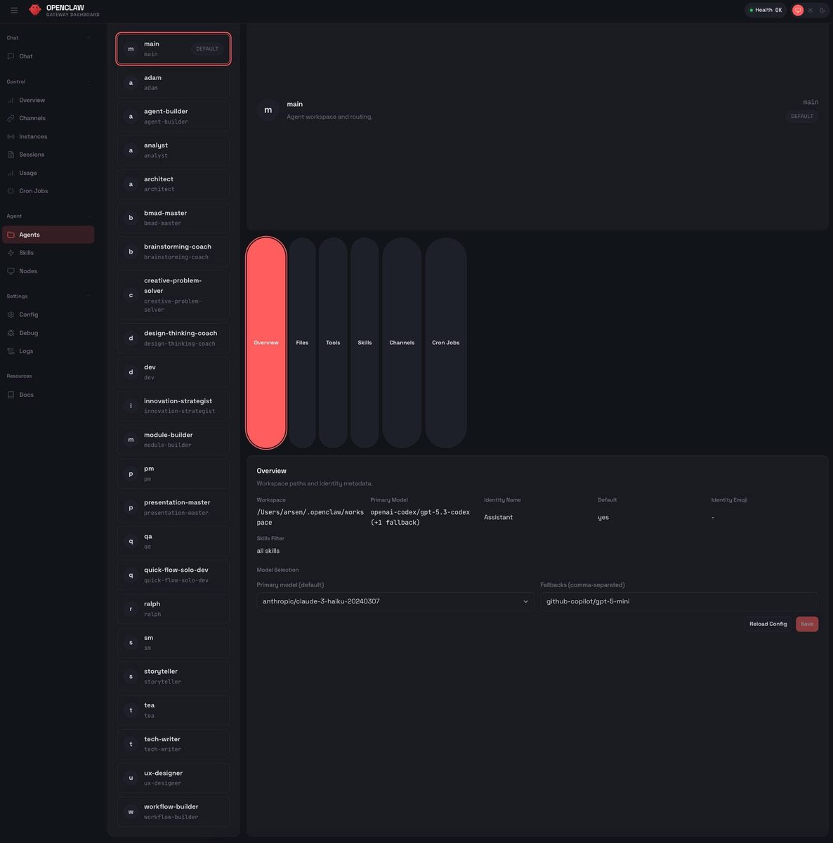 arsen3d's tweet photo. Sharing examples of how to build an agentic ai team using codex, openclaw, and bmad. Note the agent roles in one of the screenshots. Right now it's focused on development, in the future I want to add HR role that automatically monitors workflows and adjusts them for efficiency so that I only need to make corrections once. I also need a sales agent, customer support, secretary. Much of the coordination can be done using linear. Though long term, the team can build it's own ticket management system. 

There are murmors that SAAS is dead. One counter argument I heard from a VC is that it's hard getting your data out.  I don't agree because of projects such as this. It can build a data extraction framework and rebuild custom UI layer around it.