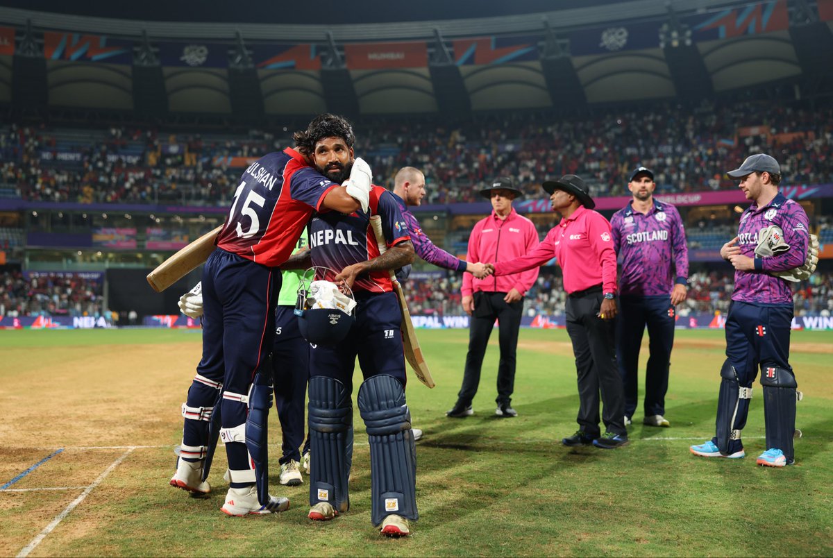ICC's tweet photo. Nepal savour a long-awaited #T20WorldCup victory with their incredible support in Mumbai 🇳🇵❤️

Catch the highlights of their special win 🎥 https://t.co/Ni6IF4YATY https://t.co/nKtgkQ30IW