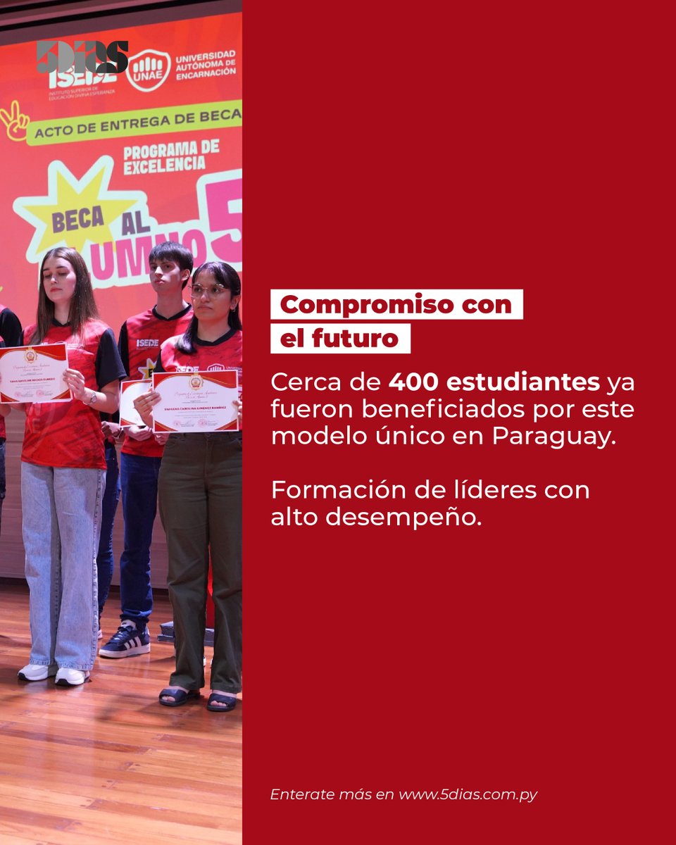 5DiasPy's tweet photo. Excelencia UNAE 2026: ¡Más de 40 nuevos becarios! 🎓✨

La Universidad Autónoma de Encarnación premió el talento y esfuerzo de jóvenes de los 30 distritos de Itapúa. A través del programa "Alumno 5" y becas sociales, se impulsa la formación de líderes con compromiso social.

🔹 Impacto: Cerca de 400 beneficiarios desde 2011.
🔹 Evaluación: Basada en mérito académico, trayectoria y criterios socioeconómicos.

Leé la nota completa en: https://t.co/KBEmqWRNJL 

#UNAE #Becas #ExcelenciaAcadémica #Itapúa #Paraguay