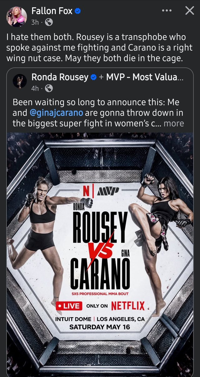 iMattBlack's tweet photo. @JesseBWatters look what Fallon Fox has to say on the big fight news. 
"I hate them both. Rousey is a transphobe who spoke against me fighting and Carano is a right wing nut case. May they both die in the cage." https://t.co/TbcJ1rwM78