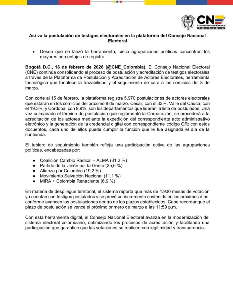 🚨 Salvación Nacional solo ha inscrito a 662 testigos electorales para las elecciones del 8 de marzo, Abelardista toca participar y cuidar el voto, hay que cubrir las 125.259 mesas de votación. ¡Inscríbete como testigo electoral! <a href="/MovSalvacionNal/">Salvación Nacional</a> 👇🏻 👀
forms.office.com/pages/response…