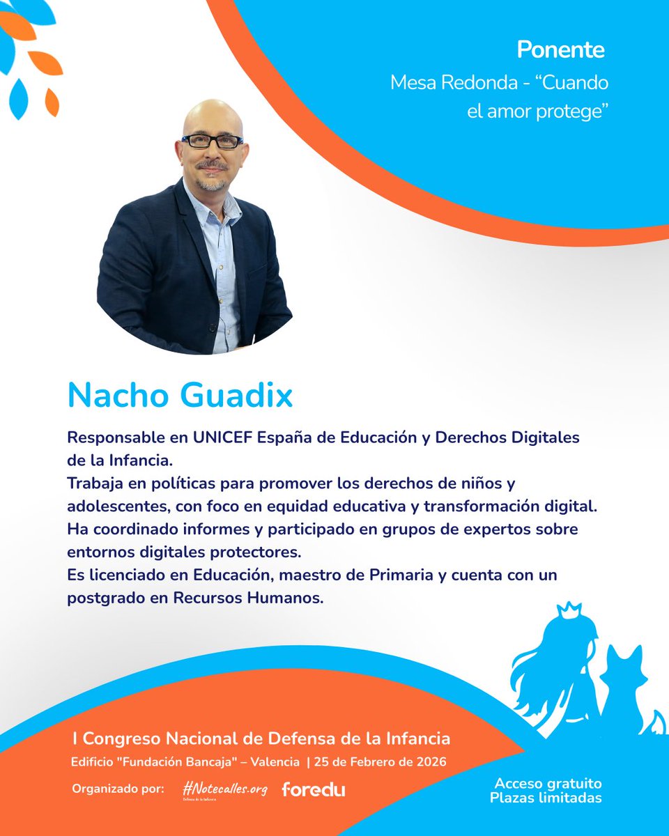 🎤 Ponente confirmado: Nacho Guadix

✨ Participará en la mesa redonda “Cuando el amor protege”, un espacio dedicado al trabajo de ONG y entidades que acompañan a la infancia.

📅 25 de febrero de 2026 
👉 Inscripción: congresodefensainfancia.com