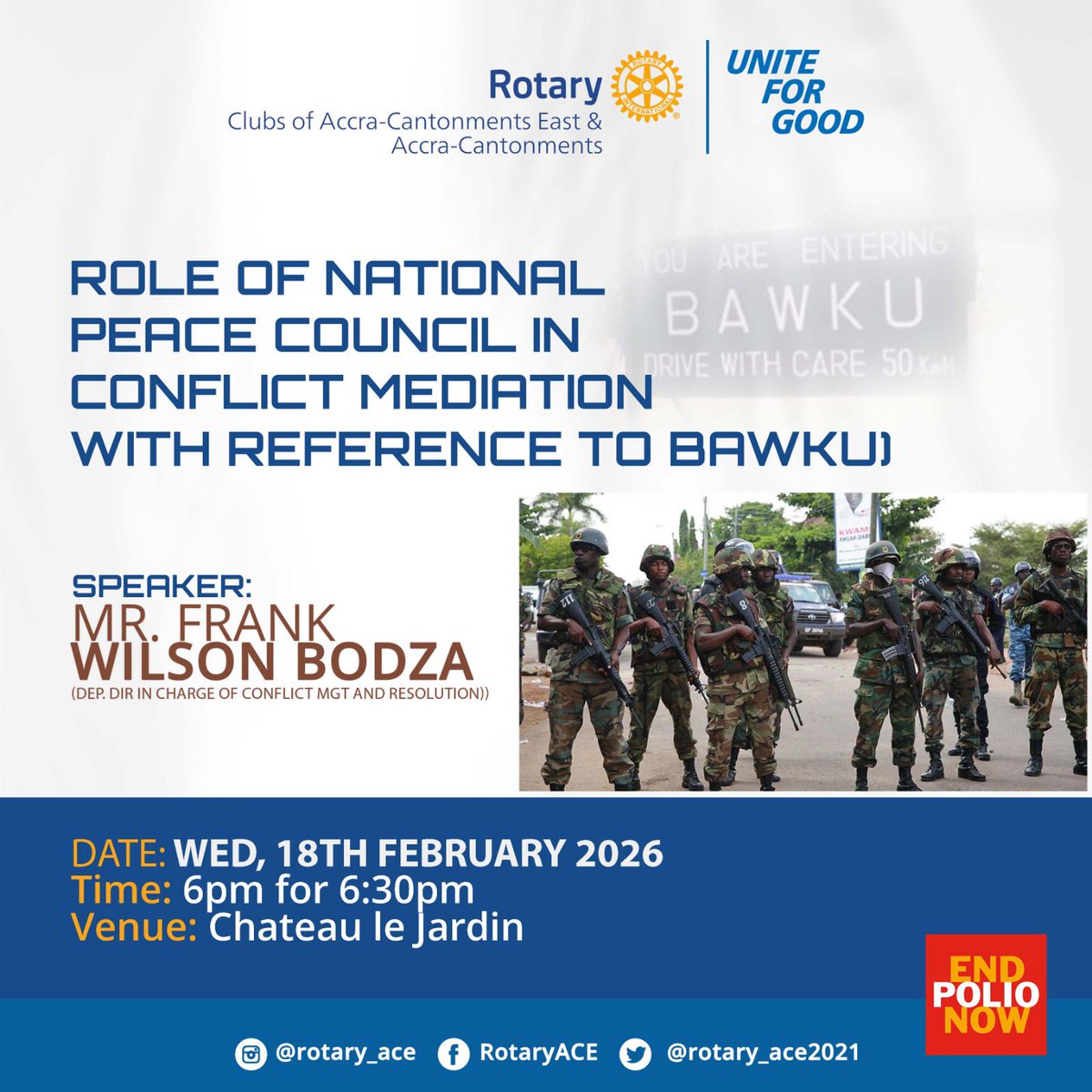 Rotary_ACE2021's tweet photo. Join us as we host a powerful discussion on the Role of the National Peace Council in Conflict Mediation, with reference to Bawku.

Come informed. Leave empowered.
Let’s have the conversations that matter.

#RotaryACE #UniteForGood #PeaceBuilding #ConflictResolution #EndPolioNow https://t.co/Et87ExcYDa