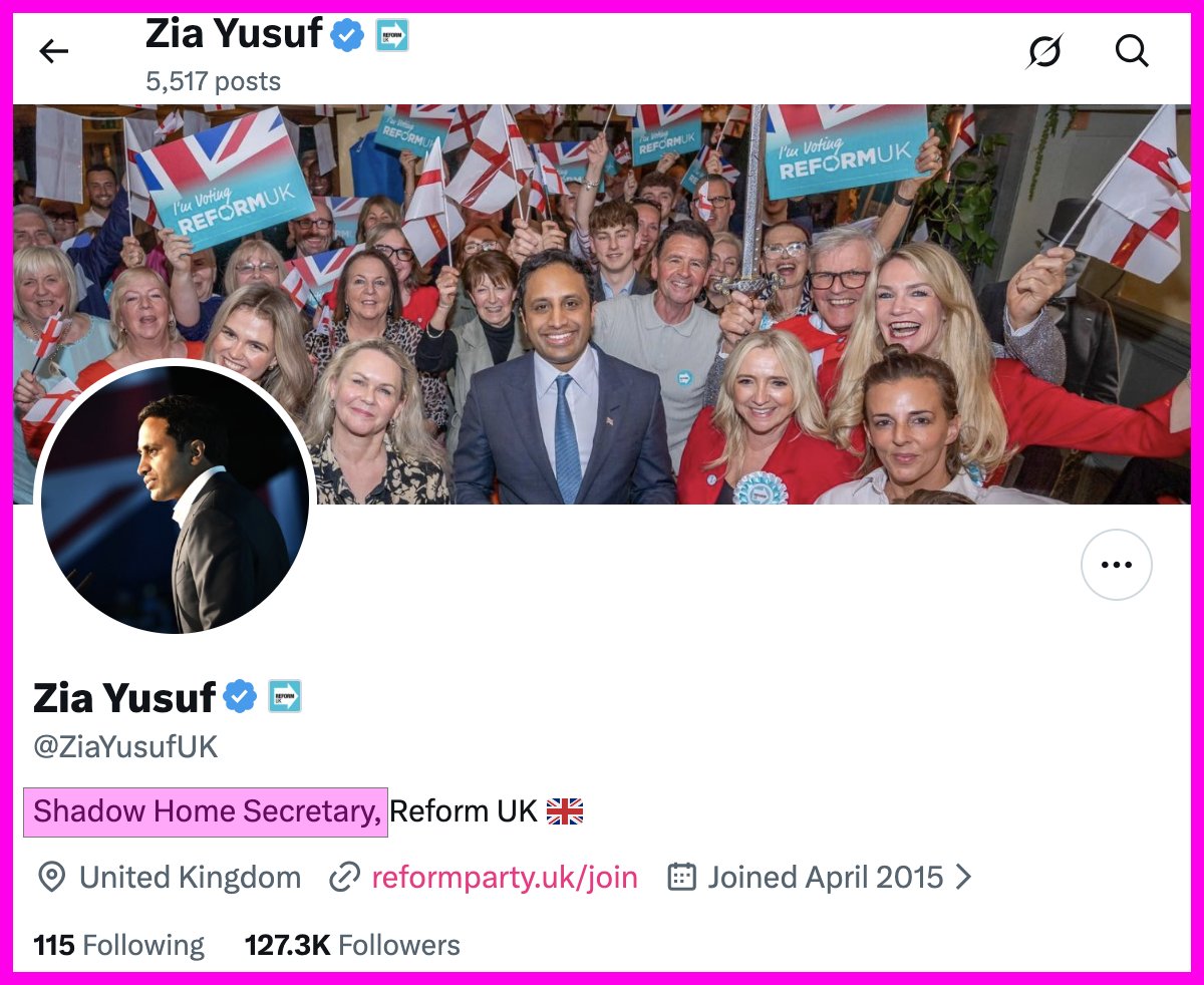 donmcgowan's tweet photo. Here we see, unelected elite and sponsored angry man, Zia Yusuf, falsely claiming that he is the Shadow Home Secretary.

This is blatant misrepresentation, and let's make this clear … a fraudulent lie.

@ElectoralCommUK — perhaps an intervention may be wise, at this stage? https://t.co/wI79Y74Qh4