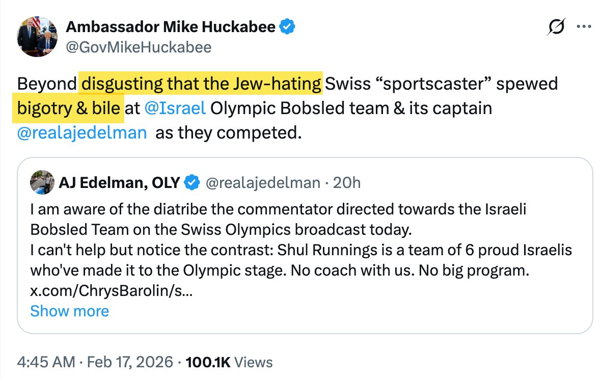 Mike Huckabee and similar American loyalists of Israel scream BIGOT! more often than the caricature of a woke purple-haired sophomore at Oberlin ever did.

At least woke students screamed this to defend Americans. Huckabee &amp; Co. do it solely to defend one foreign country.