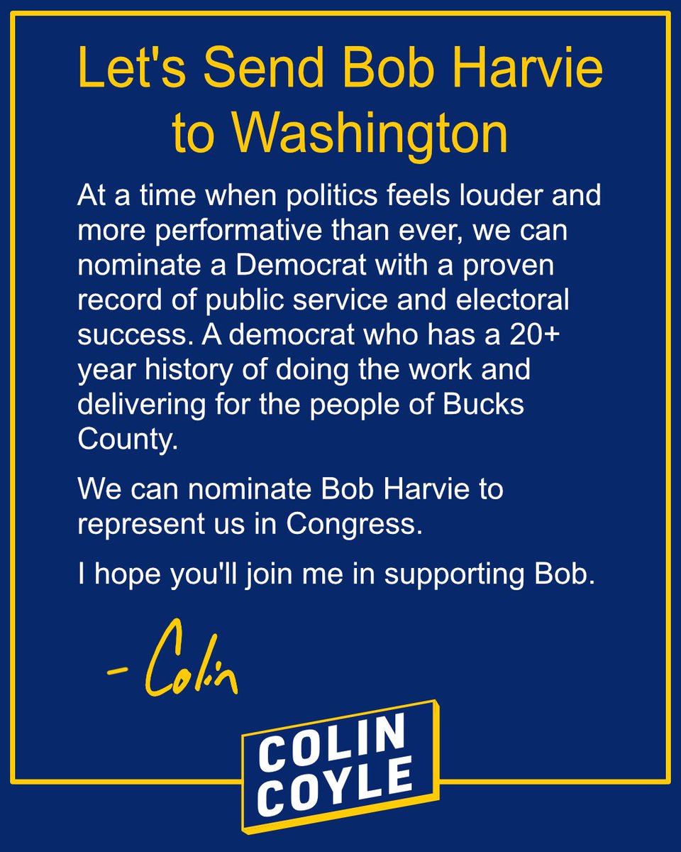 cwcoyle's tweet photo. Happy Petition Signing Day, fellow Democrats! I'm proud to say I'm supporting @Bobharvie_PA01 for Congress. https://t.co/5tDFnWANF5
