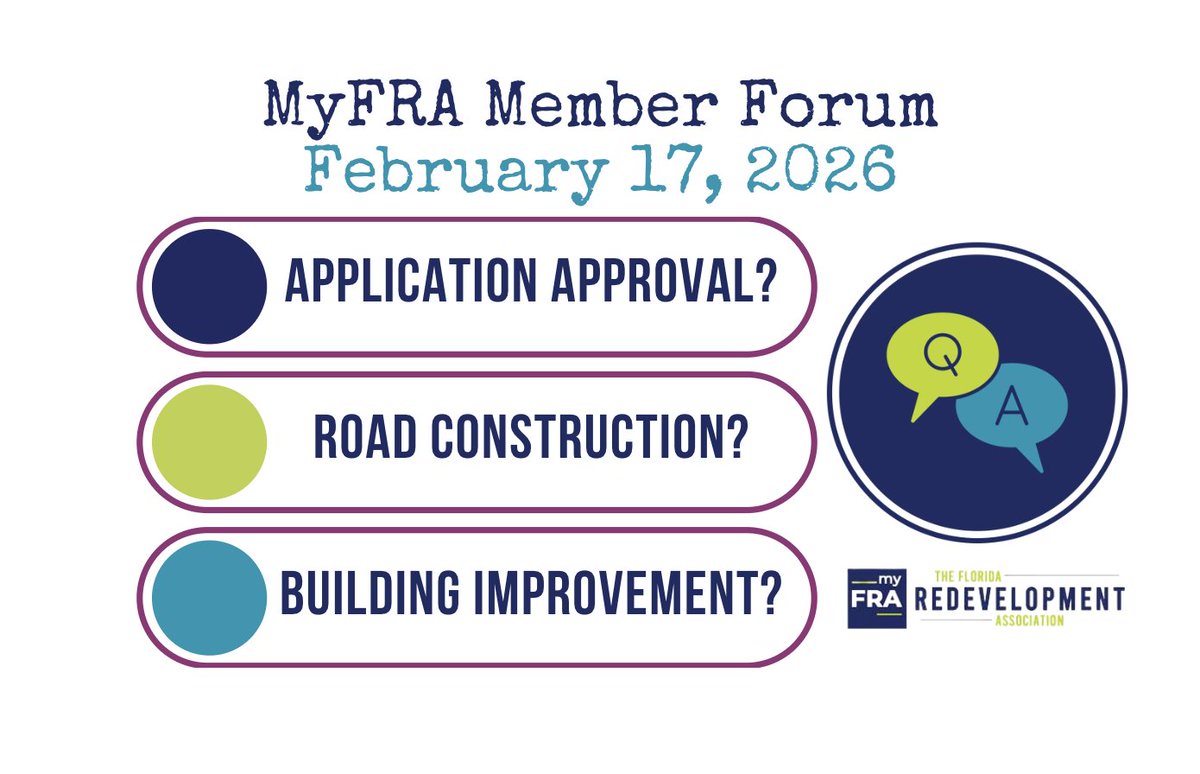 It’s time for this week’s MyFRA Member Forum: your weekly chance to ask questions, share ideas, and learn from fellow FRA members across the state!
Join the MyFRA Member Forum: conta.cc/4aBBiiC
#RedevelopmentWorks #Redevelopment #FloridaRedevelopment #FLRedevelopment