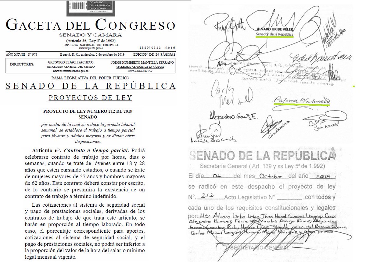 JuanPoe's tweet photo. El país debe recordar que Álvaro Uribe y su ahora candidata Paloma Valencia, presentaron un proyecto de ley para aprobar el trabajo por horas, mediante el cual se afectaba gravemente el pago del salario mínimo. El enlace del texto del proyecto fue eliminado. Pero aquí está 👇 https://t.co/RAIPhq44w0
