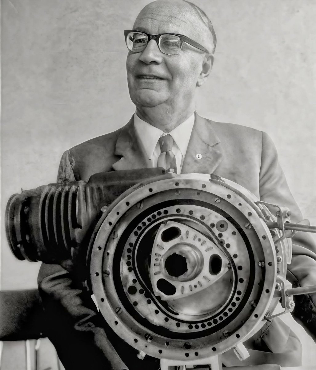Felix Wankel and his engine ... 

Felix Wankel, a visionary engineer, turned the world of mechanics on its head with a deceptively simple yet revolutionary concept: ditch the pistons. In 1957, he patented the Wankel rotary engine, a game-changer that boasted a compact,