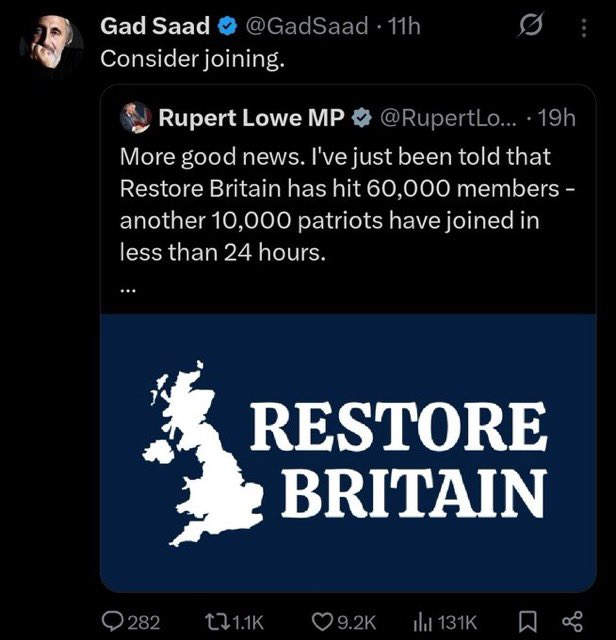 cirnosad's tweet photo. HAHAHAHA hyper-zionist demon Gad Saad just signaled his approval for Ruper Lowe's Restore Britain. https://t.co/sfnQQtAEFL