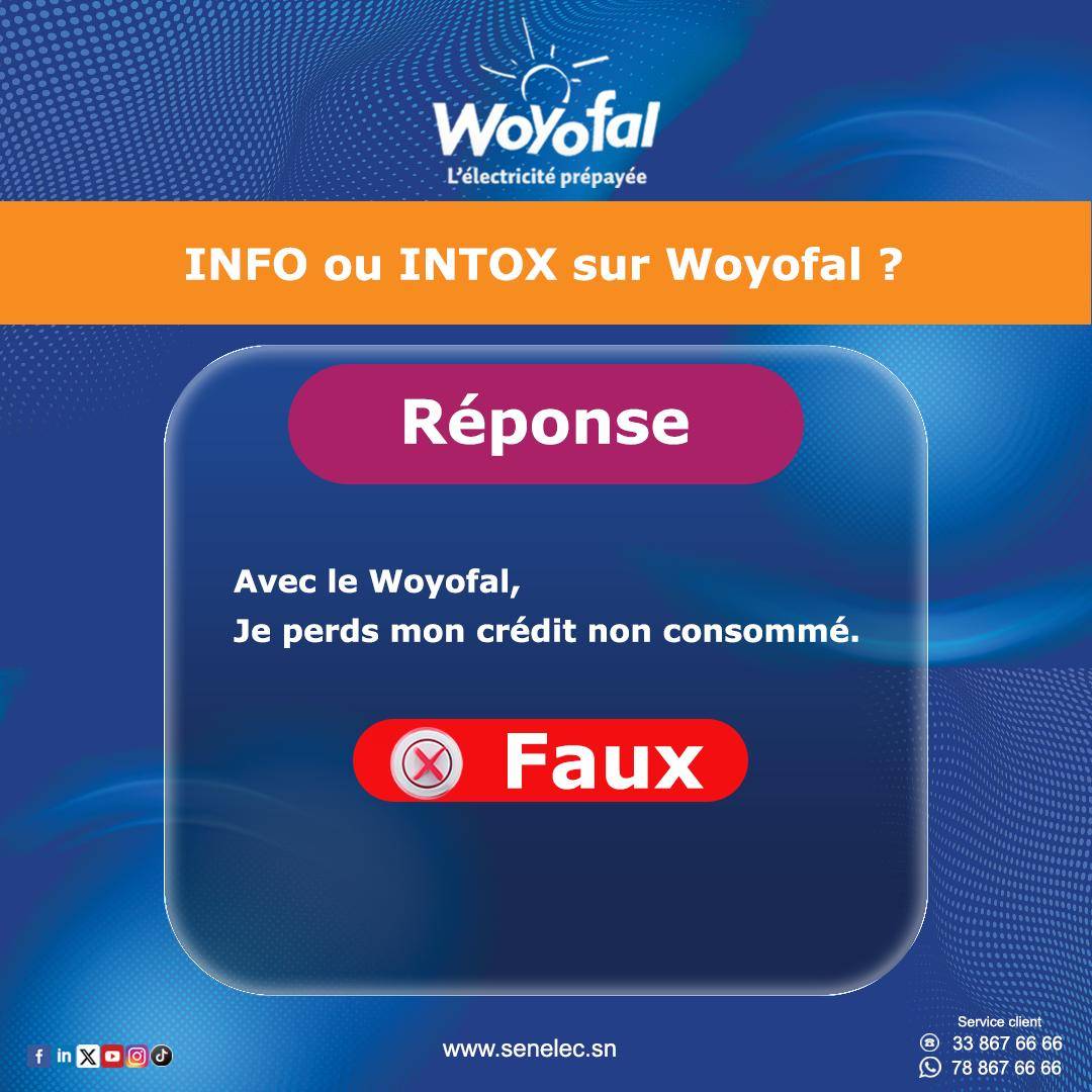 Senelecofficiel's tweet photo. Réponse : ❌ Faux  
Votre recharge Woyofal n'a pas de durée de validité 👌 Vous pouvez la consommer à tout moment. 
Alice, l'infatigable CM😉 
​#Woyofal #Senelec https://t.co/SelGV1tpwB