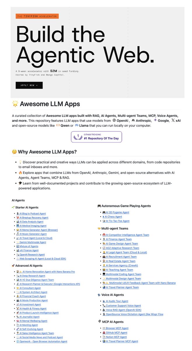 How to build a successful AI Agent startup (without getting lucky):

1. Build with AI Web Agents in next 9-weeks. 
2. Ship in public. 
3. Get funded from $2 Million seed pool.

Awesome LLM Apps for AI Agent and RAG apps (100% opensource with 95k+ GitHub stars).