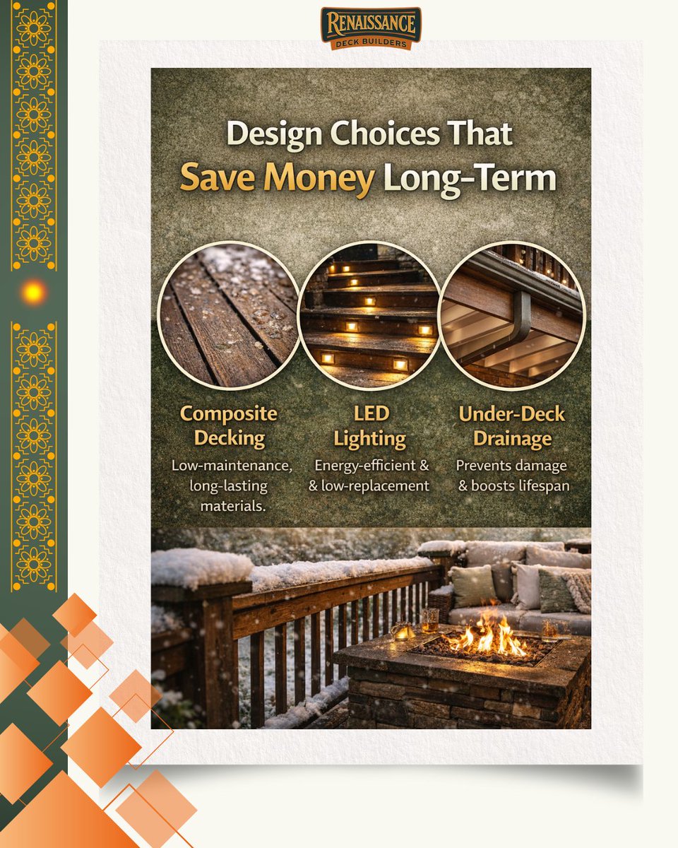 rendecks's tweet image. Save money long-term with smart deck design! 💡🪵
Durable materials and thoughtful layouts = less maintenance, more enjoyment. 🌿🏡
#DeckDesign #BudgetFriendly #DeckTips #OutdoorLiving #RenaissanceBuildingCo