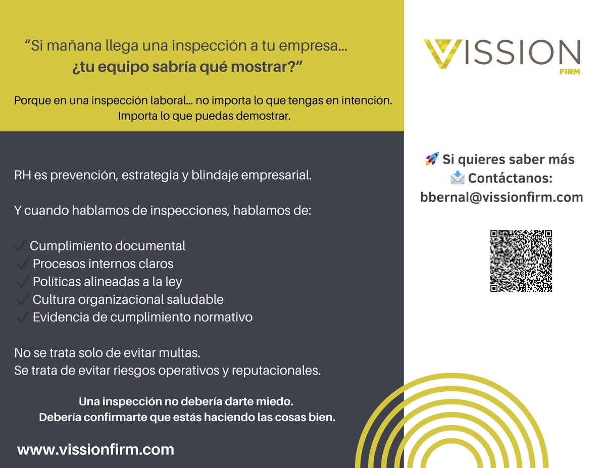 *Si no estás seguro de qué tan blindada está tu empresa…
 Es momento de revisarlo.*
 
 Envíanos mensaje.
 Conversemos.
 
 Y transforma tu área de RH en un área estratégica, no reactiva.
 #CumplimientoLaboral #Inspecciones #RecursosHumanos #RHestratégico #VissionFirm