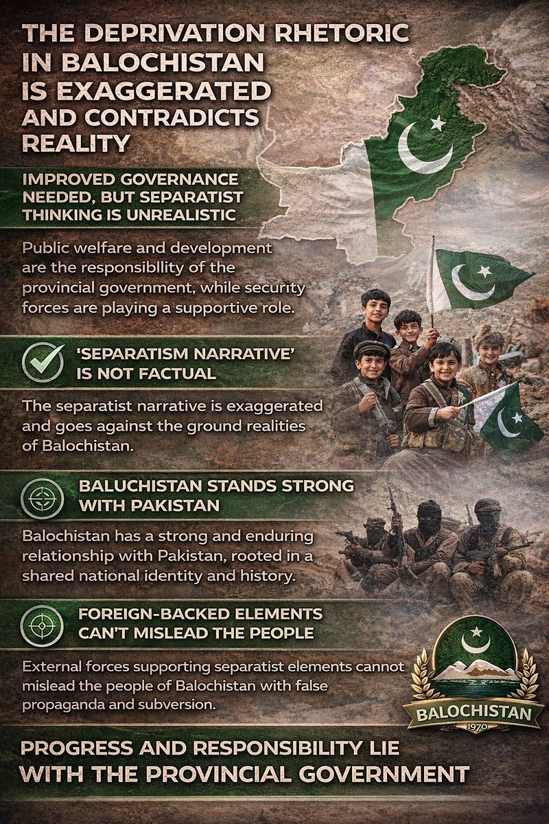 بلوچستان میں احساسِ محرومی کا بیانیہ مبالغہ آمیز اور حقائق سے متصادم ہے۔ گورننس میں بہتری کی ضرورت کے باوجود علیحدگی پسند سوچ غیر حقیقت پسندانہ ہے۔ عوامی فلاح اور ترقی کی ذمہ داری صوبائی حکومت پر عائد ہوتی ہے

#Balochistan
#BalochistanPakistan
#UnitedPakistan
#StrongerTogether