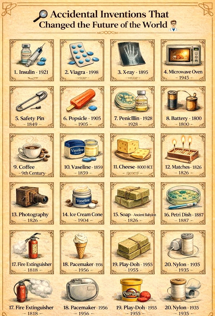 ⚗️ Revolutionary Accidental Inventions in the World 🧪

1. 💉 Insulin – 1921
2. 💊 Viagra – 1998
3. 🩻 X-ray – 1895
4. 💡 Microwave Oven – 1945
5. 🧷 Safety Pin – 1849
6. 🧃 Popsicle – 1905
7. 🧪 Penicillin – 1928
8. 🔋 Battery – 1800
9. ☕ Coffee – 9th Century
10. 🧴 Vaseline –