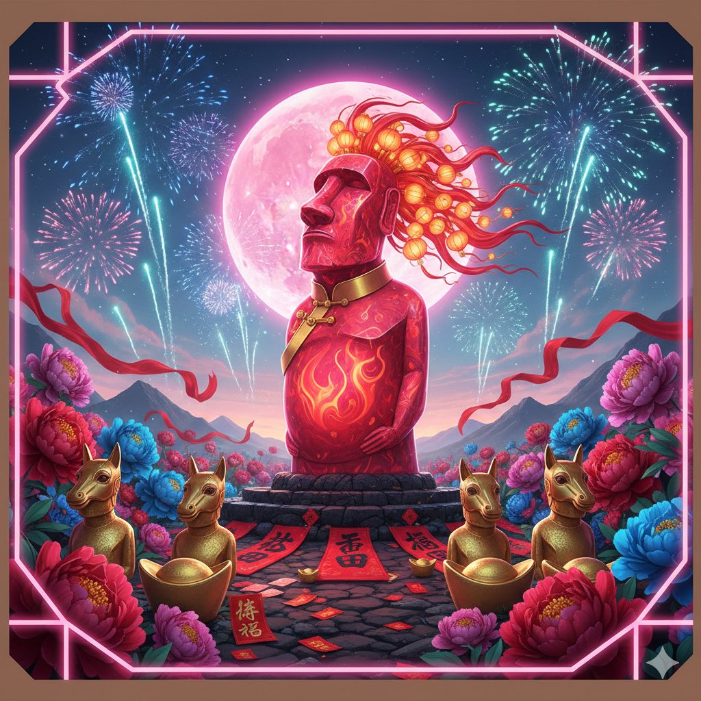 OmasSure's tweet photo. Since 2026 is the Year of the Fire Horse, the vibes are high-energy, fast-paced, and bold. Blending that "Fire Horse" momentum with the stoic, legendary energy of the Moai creates a pretty unique aesthetic. @ConcreteXYZ https://t.co/835zy95JuF