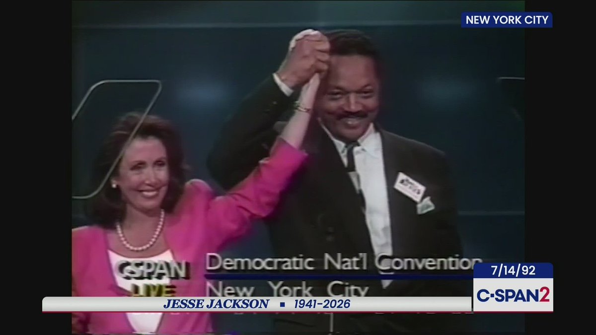 SpeakerPelosi's tweet photo. Today, America has lost Reverend Jesse Jackson: a patriot who had the love in his heart to preach a gospel of hope, and the courage in his soul to challenge our nation to truly live up to its ideals.  

His lifelong advocacy for civil rights, economic opportunity and social justice – as a political leader and preacher, organizer and orator, statesman and trusted counselor – made America more inclusive, strong and good.
 
In his 1984 convention speech, Jesse Jackson famously said, ‘Our flag is red, white and blue, but our nation is a rainbow, and we're all precious in God's sight.’  As chair of that convention in San Francisco, I saw firsthand how tremendously his remarks were received for what they meant for the country. 

Jesse Jackson strengthened the civil rights movement by making it bigger and more inclusive, forging a rainbow coalition of the working poor, communities of color, women, LGBTQ Americans and so many others striving for a better future.  Reverend Jackson never gave up the fight for progress.

As a longtime friend of him and his family, I was saddened to learn of Jesse’s passing and pray his loved ones are encouraged that his life and leadership continue to inspire a generation of change-makers and leaders.  

And may it be a comfort to his wife Jackie, their five children Santita, former Congressman Jesse, Jr., Congressman Jonathan, Yusef and Jacqueline that so many across America and around the world mourn their loss and pray for them at this sad time.