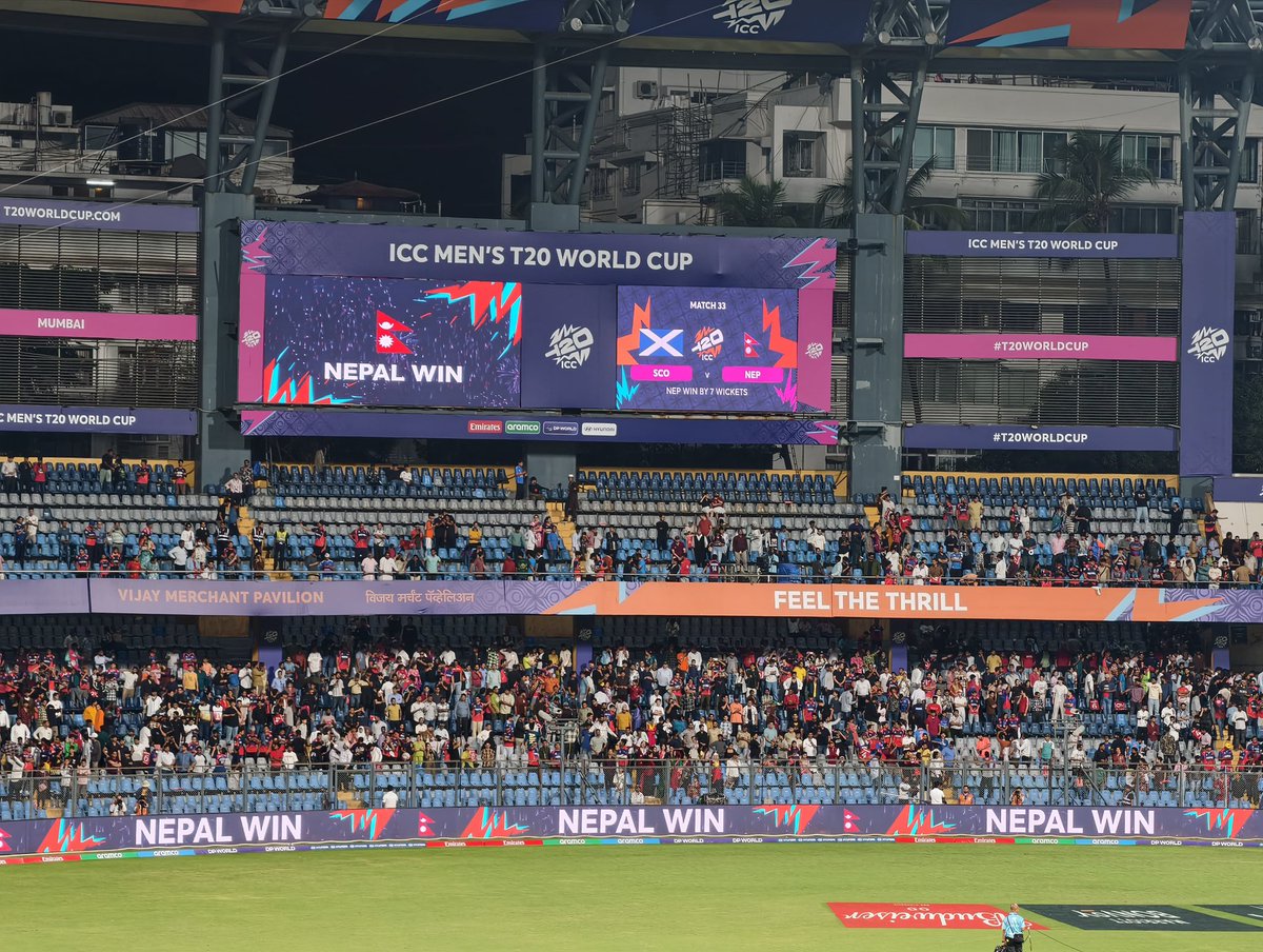 paras77's tweet photo. Signing off from the Wankhede with a win.
Nepal cricket growing in between expectations vs reality.🙏🏽
To our hundreds and thousands of travelling fans and those who were present at the stadium for the last two weeks,INCREDIBLE is the word.
We feel honored to represent our Rhino army fans.❤️
Thank you to everyone who has been part of this journey.
Not a easy path ahead but we will fight through thick and thin as always.
We keep marching ahead,until the next world cup.🇳🇵

@CricketNep @ICC  @T20WorldCup 
#Nepalcricket #RhinoArmy