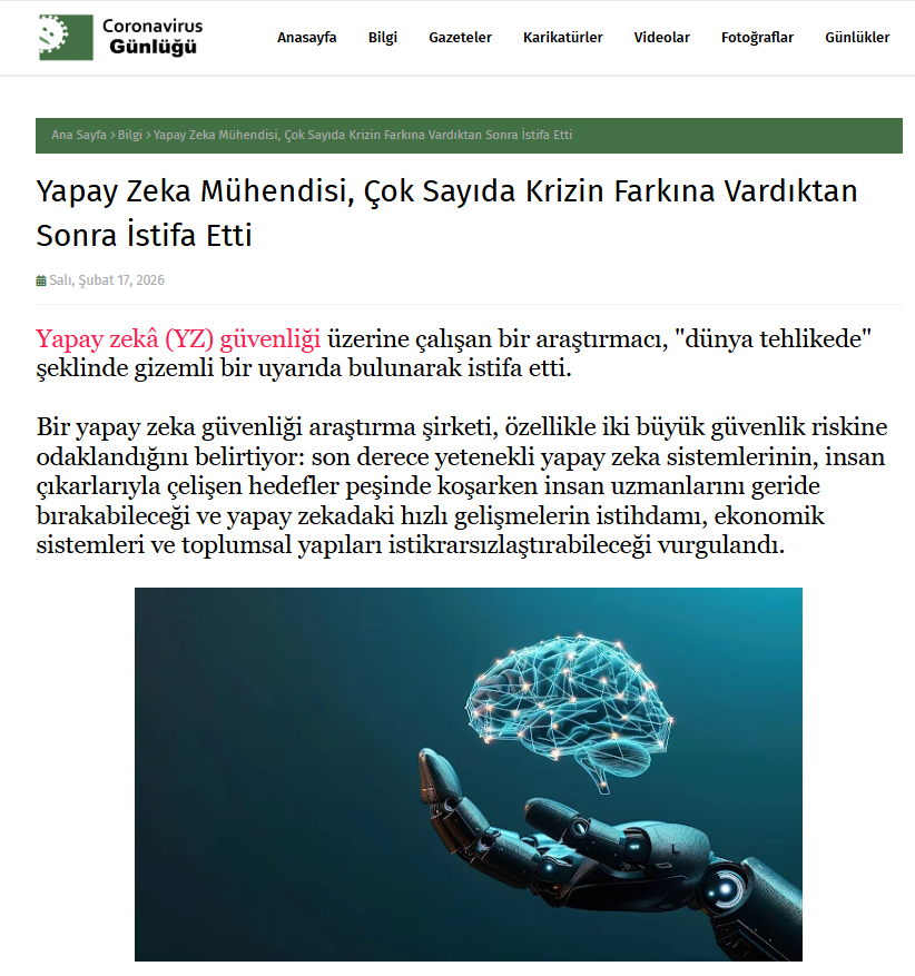 Yapay Zeka Mühendisi, Çok Sayıda Krizin Farkına Vardıktan Sonra İstifa Etti..
coronavirusgunlugu.blogspot.com/2026/02/yapay-…
#coronavirusgünlüğü #yapayzeka #artificialintelligence