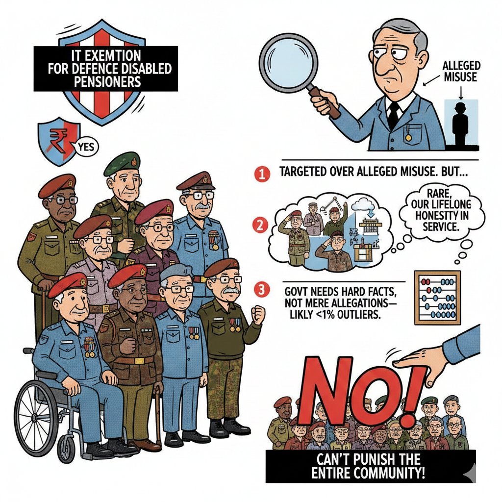 IT exemption for valiant defence disabled pensioners faces scrutiny over alleged misuse. Yet: 1) Implausible, given our steadfast honour in service. 2) we need  hard evidence, not claims—<1% outliers. No punishing the entire fraternity sacrifice! #KeepDisabilityPensionTaxFree